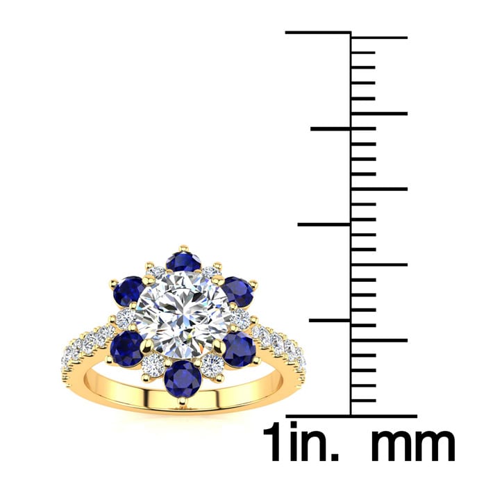 2 Carat Round Shape Flower Halo Sapphire and Diamond Engagement Ring In 14K Yellow Gold