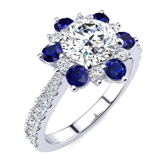 2 Carat Round Shape Flower Halo Sapphire and Diamond Engagement Ring In 14K White Gold