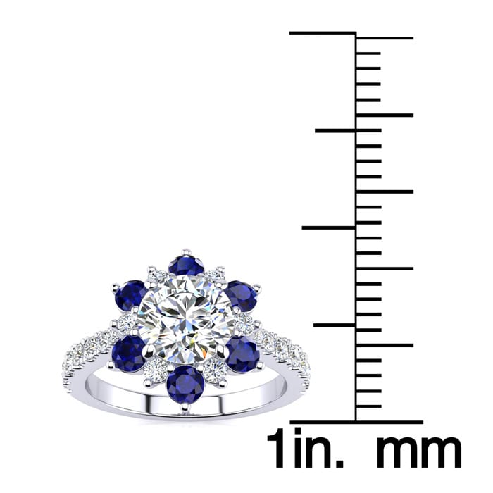 2 Carat Round Shape Flower Halo Sapphire and Diamond Engagement Ring In 14K White Gold