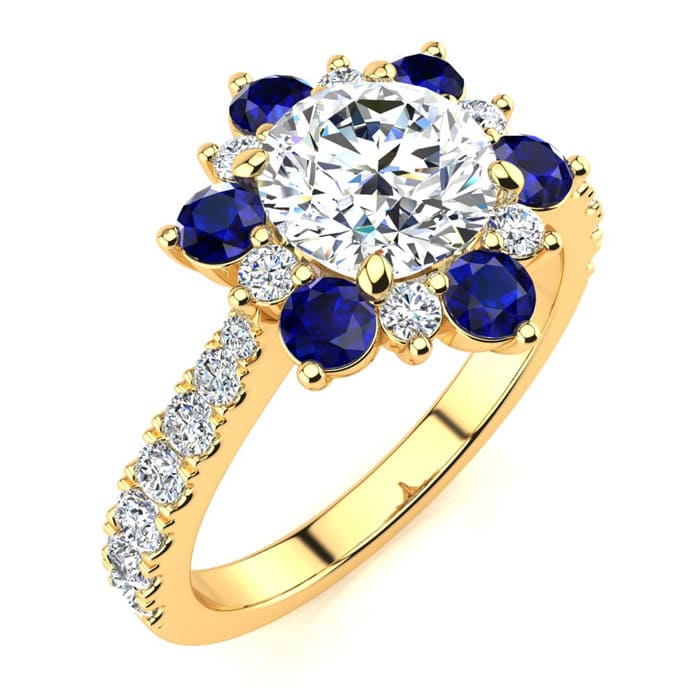 2 Carat Round Shape Flower Halo Sapphire and Diamond Engagement Ring In 14K Yellow Gold