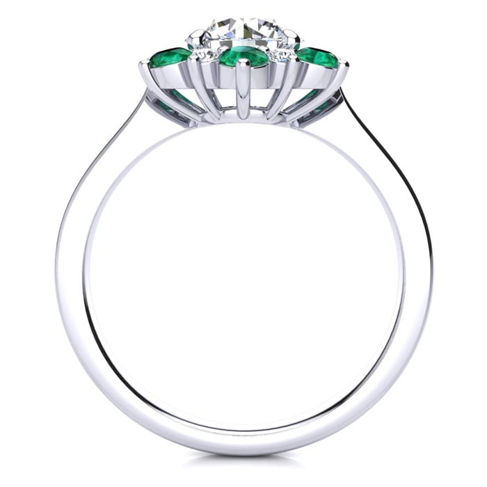 3/4 Carat Round Shape Flower Halo Emerald and Diamond Engagement Ring In 14K White Gold