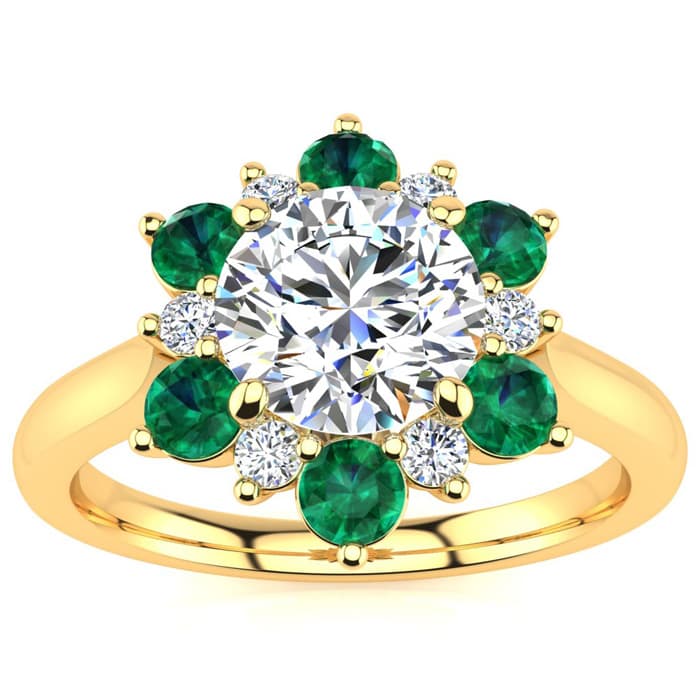 3/4 Carat Round Shape Flower Halo Emerald and Diamond Engagement Ring In 14K Yellow Gold