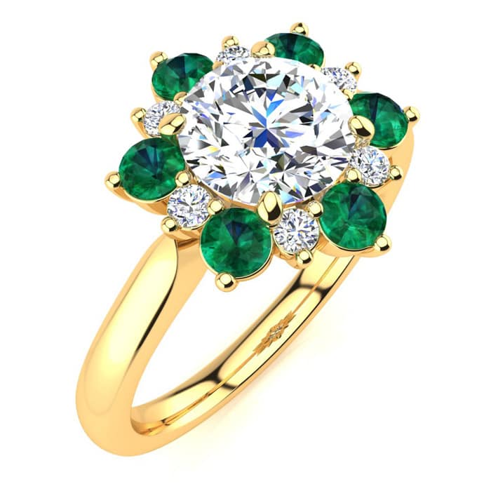 3/4 Carat Round Shape Flower Halo Emerald and Diamond Engagement Ring In 14K Yellow Gold