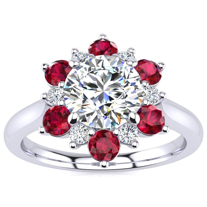 3/4 Carat Round Shape Flower Halo Ruby and Diamond Engagement Ring In 14K White Gold