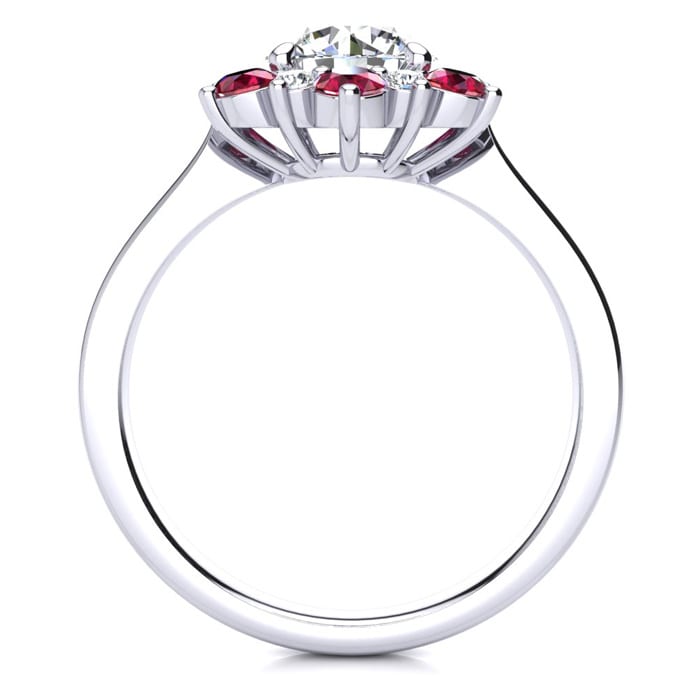 3/4 Carat Round Shape Flower Halo Ruby and Diamond Engagement Ring In 14K White Gold