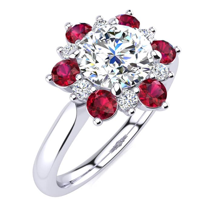 3/4 Carat Round Shape Flower Halo Ruby and Diamond Engagement Ring In 14K White Gold