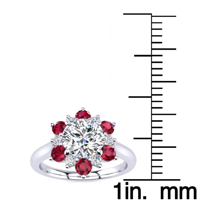 3/4 Carat Round Shape Flower Halo Ruby and Diamond Engagement Ring In 14K White Gold