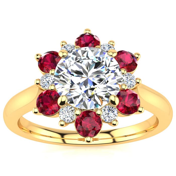 3/4 Carat Round Shape Flower Halo Ruby and Diamond Engagement Ring In 14K Yellow Gold
