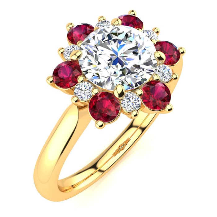 3/4 Carat Round Shape Flower Halo Ruby and Diamond Engagement Ring In 14K Yellow Gold