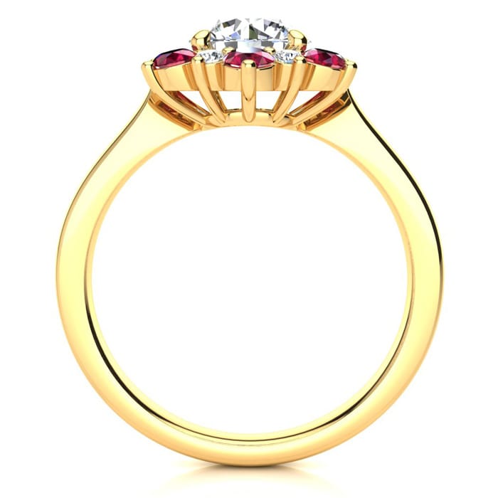 3/4 Carat Round Shape Flower Halo Ruby and Diamond Engagement Ring In 14K Yellow Gold