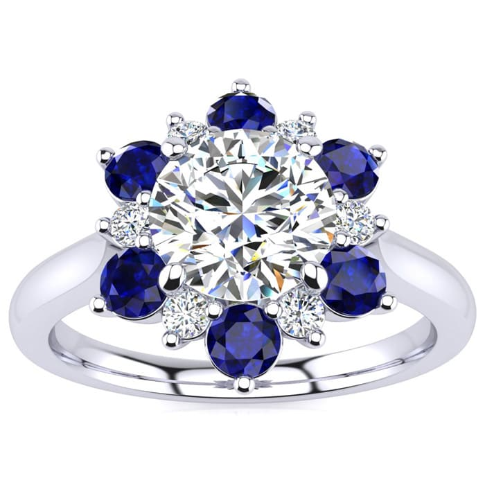 3/4 Carat Round Shape Flower Halo Sapphire and Diamond Engagement Ring In 14K White Gold