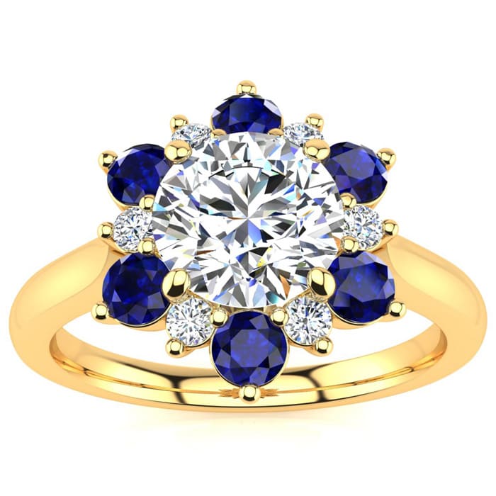 3/4 Carat Round Shape Flower Halo Sapphire and Diamond Engagement Ring In 14K Yellow Gold