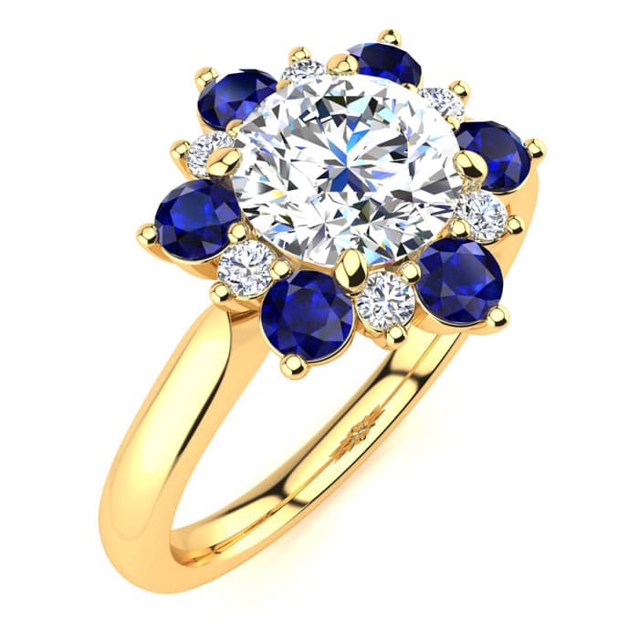 3/4 Carat Round Shape Flower Halo Sapphire and Diamond Engagement Ring In 14K Yellow Gold