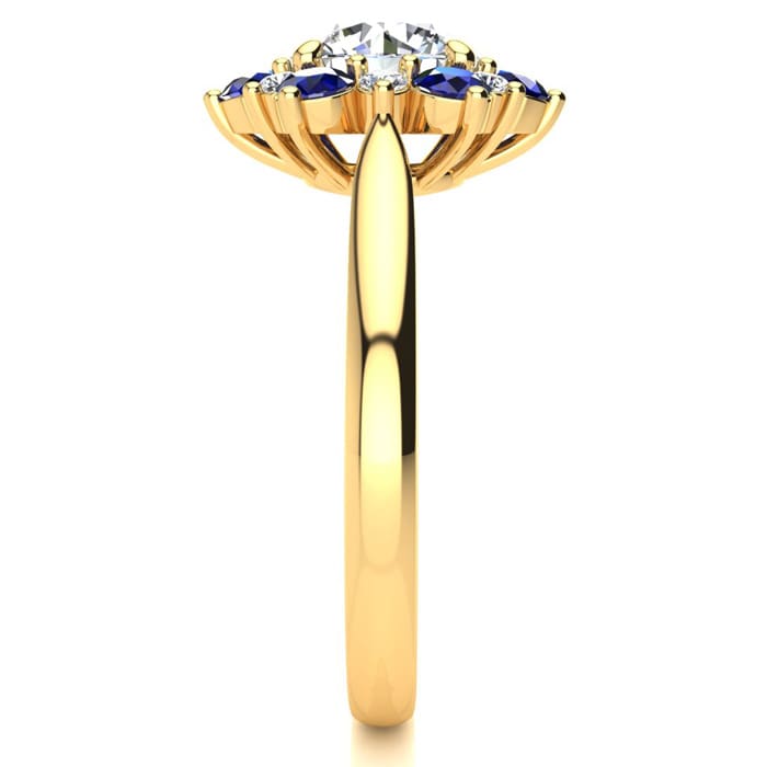 3/4 Carat Round Shape Flower Halo Sapphire and Diamond Engagement Ring In 14K Yellow Gold