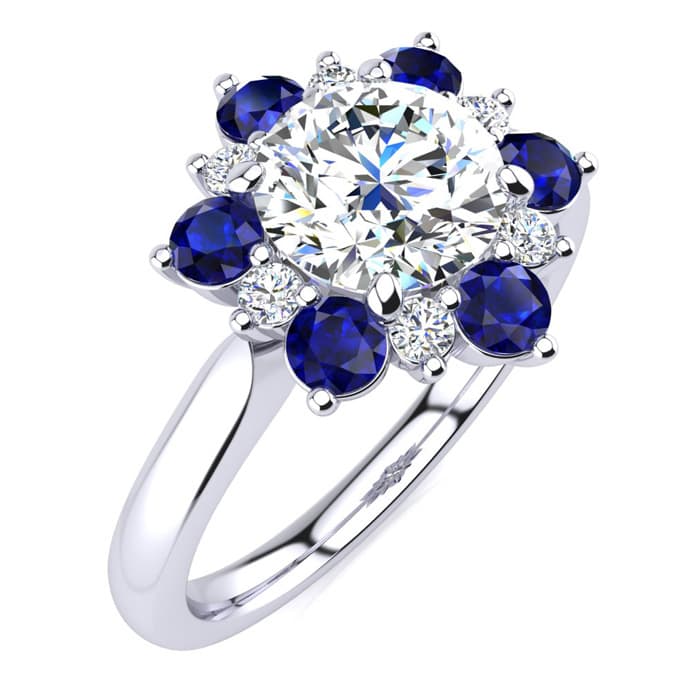3/4 Carat Round Shape Flower Halo Sapphire and Diamond Engagement Ring In 14K White Gold