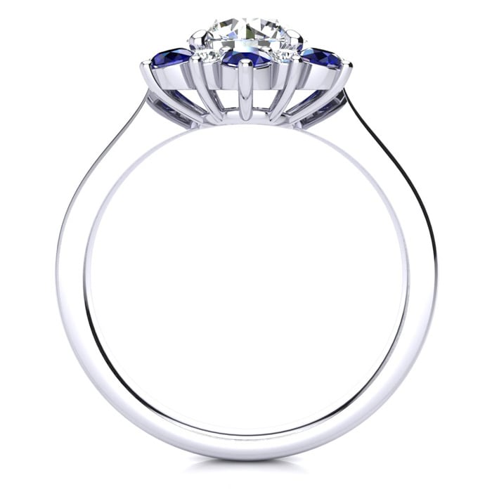 3/4 Carat Round Shape Flower Halo Sapphire and Diamond Engagement Ring In 14K White Gold