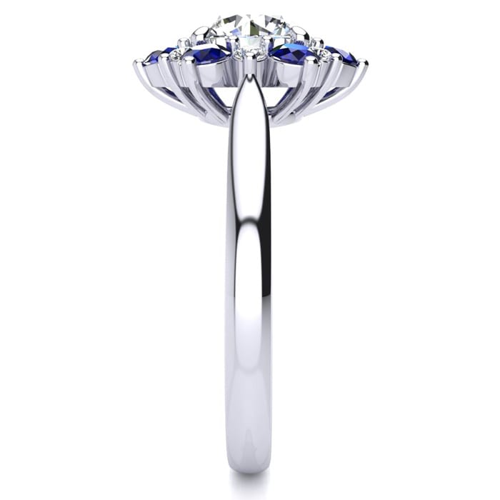 3/4 Carat Round Shape Flower Halo Sapphire and Diamond Engagement Ring In 14K White Gold