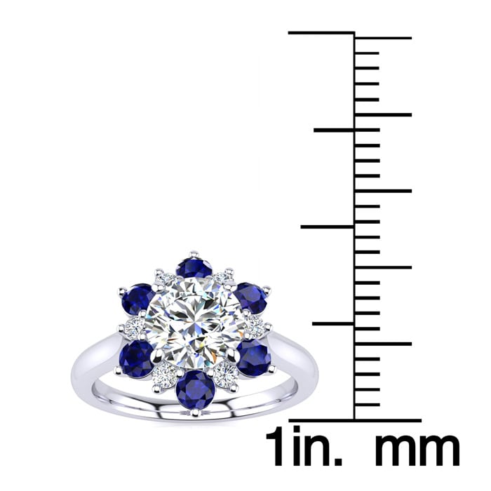 3/4 Carat Round Shape Flower Halo Sapphire and Diamond Engagement Ring In 14K White Gold