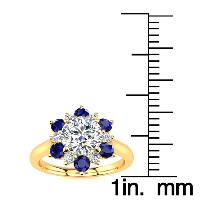 3/4 Carat Round Shape Flower Halo Sapphire and Diamond Engagement Ring In 14K Yellow Gold