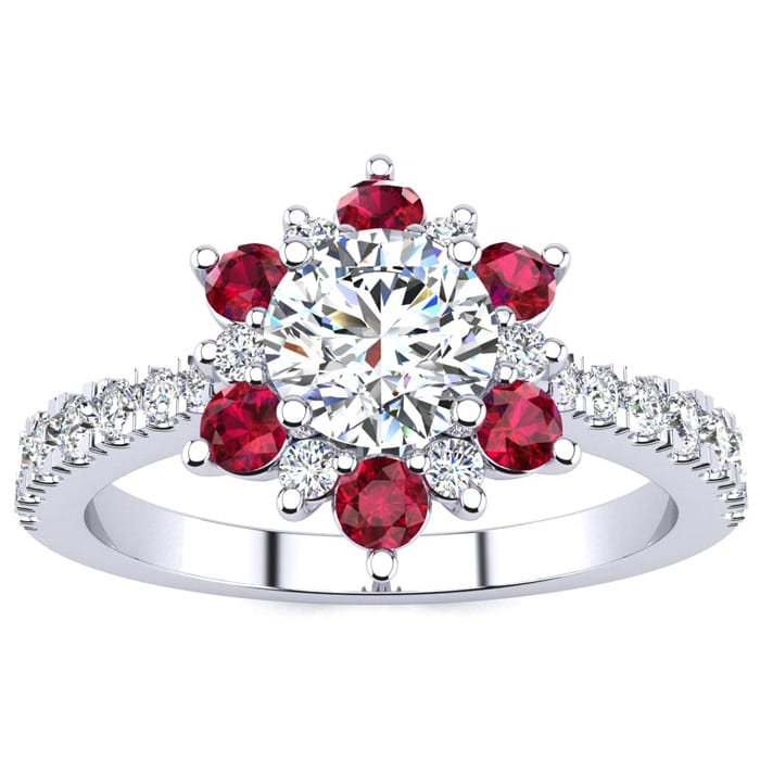 1 Carat Round Shape Flower Halo Ruby and Diamond Engagement Ring In 14K White Gold
