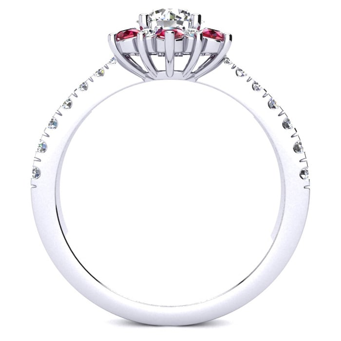 1 Carat Round Shape Flower Halo Ruby and Diamond Engagement Ring In 14K White Gold