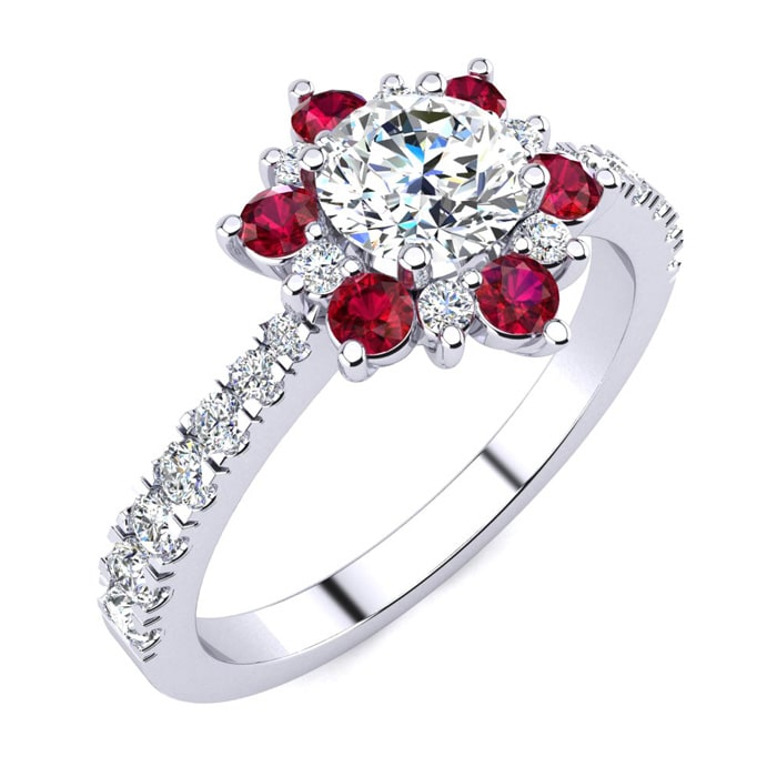 1 Carat Round Shape Flower Halo Ruby and Diamond Engagement Ring In 14K White Gold