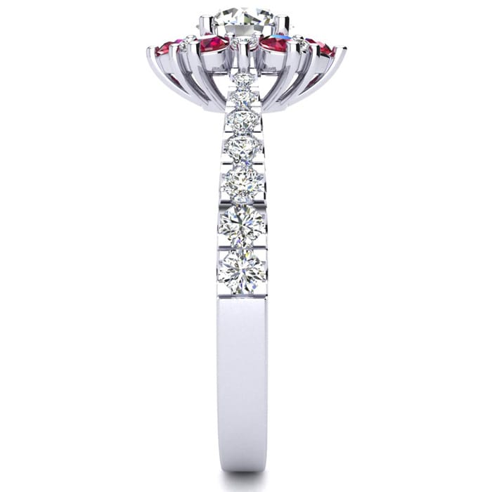 1 Carat Round Shape Flower Halo Ruby and Diamond Engagement Ring In 14K White Gold
