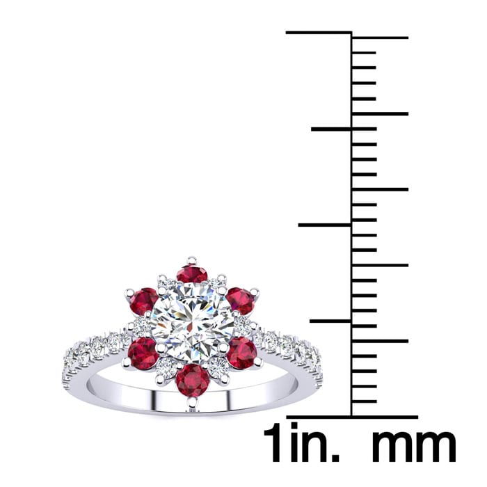 1 Carat Round Shape Flower Halo Ruby and Diamond Engagement Ring In 14K White Gold