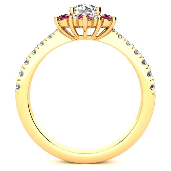 1 Carat Round Shape Flower Halo Ruby and Diamond Engagement Ring In 14K Yellow Gold