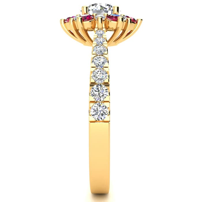 1 Carat Round Shape Flower Halo Ruby and Diamond Engagement Ring In 14K Yellow Gold