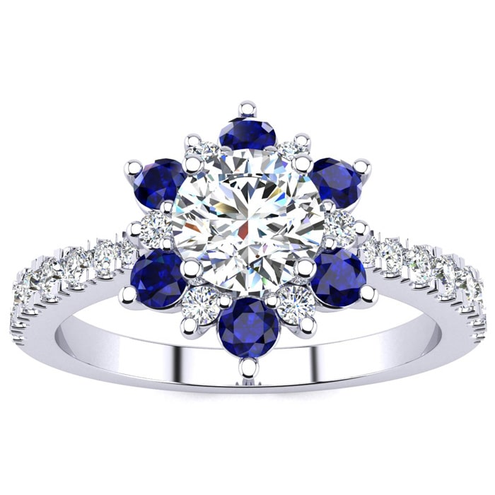 1 Carat Round Shape Flower Halo Sapphire and Diamond Engagement Ring In 14K White Gold
