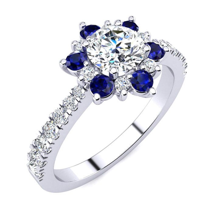 1 Carat Round Shape Flower Halo Sapphire and Diamond Engagement Ring In 14K White Gold