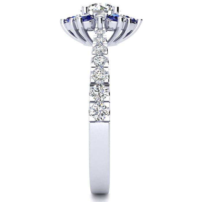 1 Carat Round Shape Flower Halo Sapphire and Diamond Engagement Ring In 14K White Gold