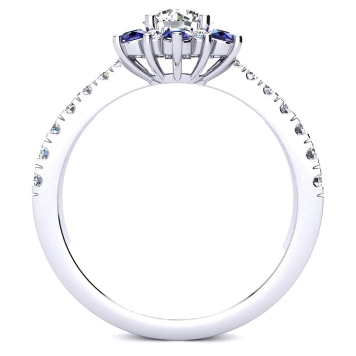 1 Carat Round Shape Flower Halo Sapphire and Diamond Engagement Ring In 14K White Gold