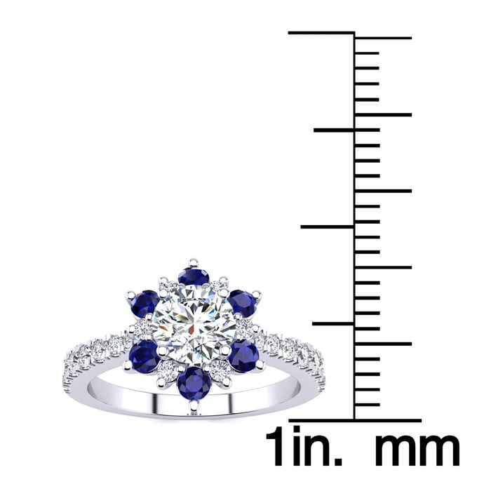 1 Carat Round Shape Flower Halo Sapphire and Diamond Engagement Ring In 14K White Gold