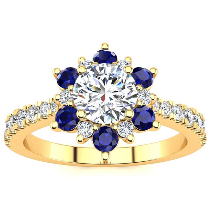 1 Carat Round Shape Flower Halo Sapphire and Diamond Engagement Ring In 14K Yellow Gold