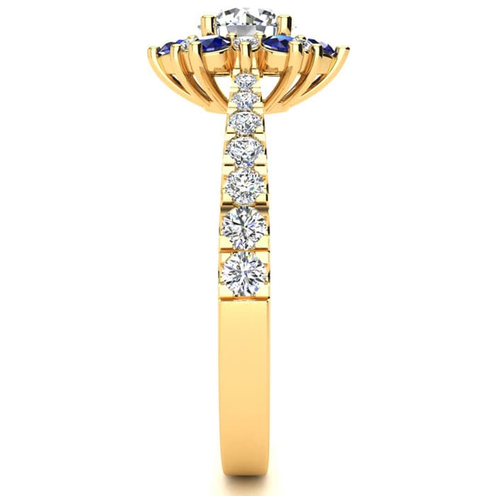 1 Carat Round Shape Flower Halo Sapphire and Diamond Engagement Ring In 14K Yellow Gold