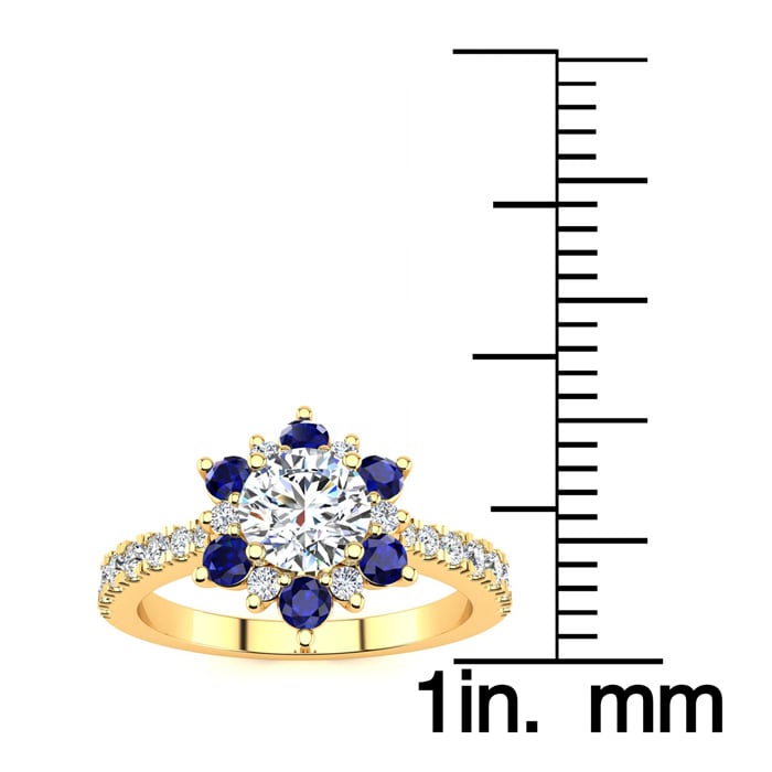 1 Carat Round Shape Flower Halo Sapphire and Diamond Engagement Ring In 14K Yellow Gold