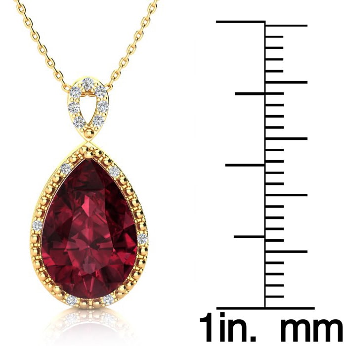 Garnet Necklace: Garnet Jewelry: 3 1/2ct Pear Shaped Garnet and Diamond Necklace In 10K Yellow Gold