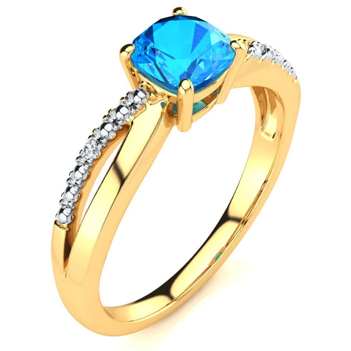 3/4ct Cushion Cut Blue Topaz and Diamond Ring In 10K Yellow Gold