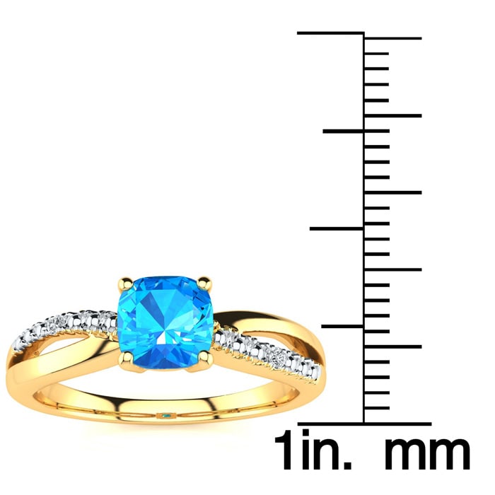 3/4ct Cushion Cut Blue Topaz and Diamond Ring In 10K Yellow Gold