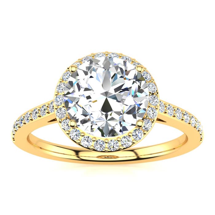2 1/4 Carat Halo Diamond Engagement Ring In 14K Yellow Gold, I-J I1-I2