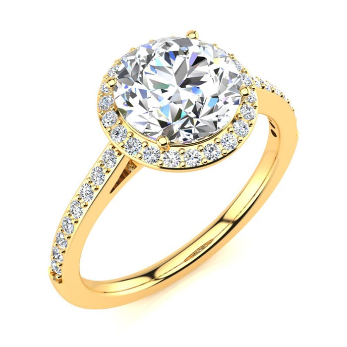 2 1/4 Carat Halo Diamond Engagement Ring In 14K Yellow Gold, I-J I1-I2