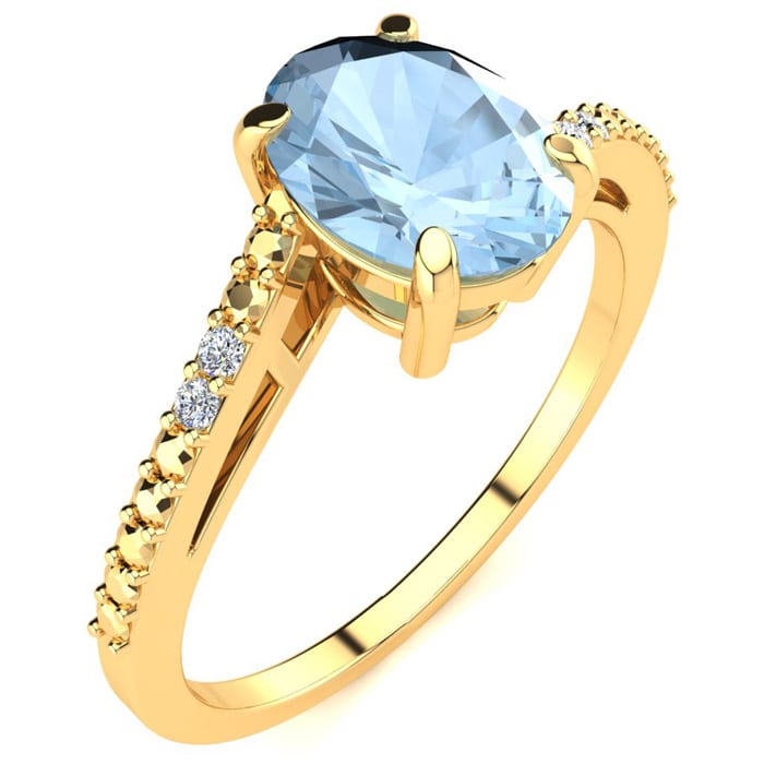 Aquamarine Ring: Aquamarine Jewelry: 1 1/5ct Oval Shape Aquamarine and Diamond Ring in 10k Yellow Gold