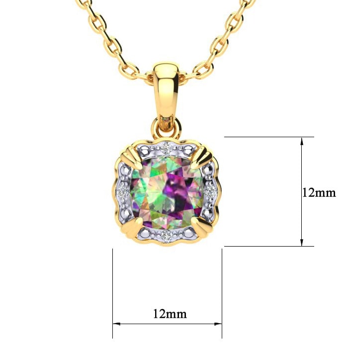 2-1/2 Carat Cushion Shape Mystic Topaz Necklace With Diamonds In 10 Karat Yellow Gold, 18 Inches