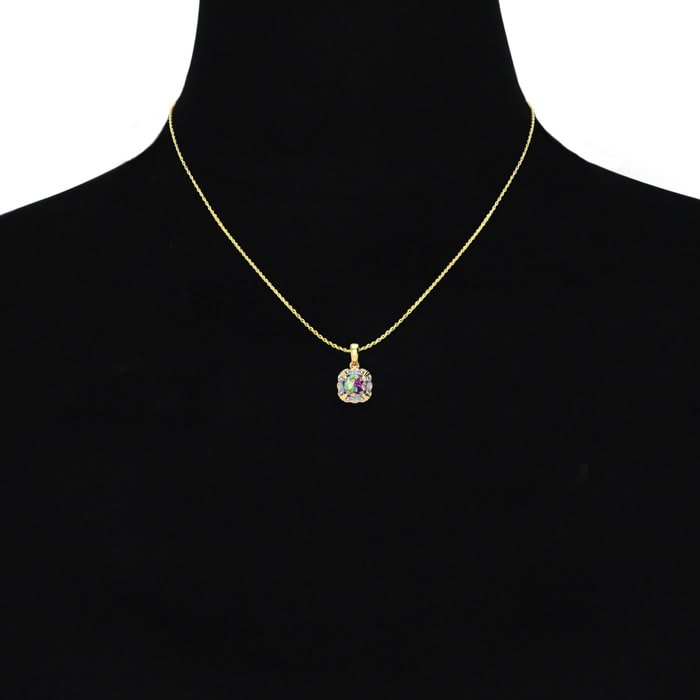 2-1/2 Carat Cushion Shape Mystic Topaz Necklace With Diamonds In 10 Karat Yellow Gold, 18 Inches