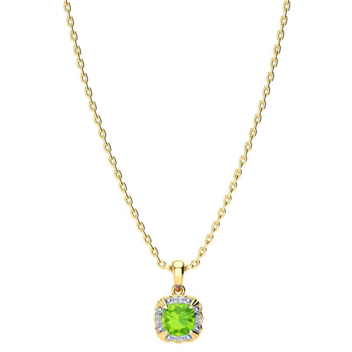 2 1/2ct Cushion Cut Peridot and Diamond Necklace In 10K Yellow Gold