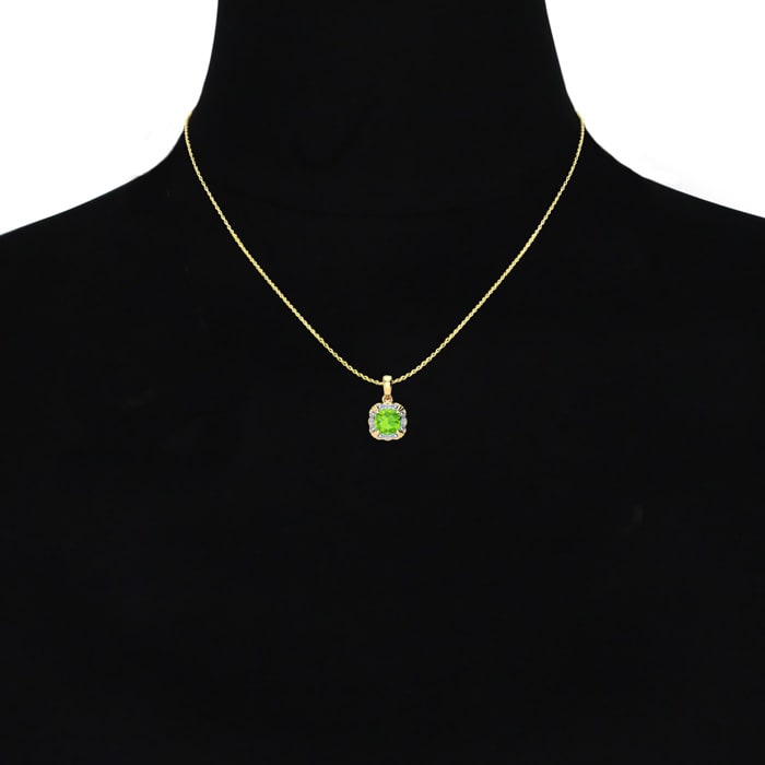 2 1/2ct Cushion Cut Peridot and Diamond Necklace In 10K Yellow Gold