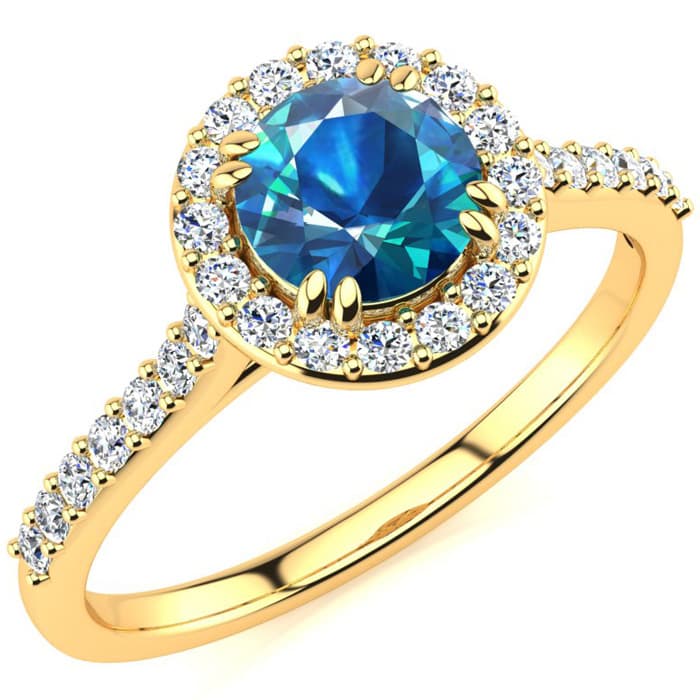 1.25 Carat Perfect Halo Blue Diamond Engagement Ring In 14K Yellow Gold