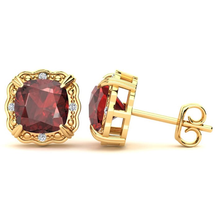 Garnet Earrings: Garnet Jewelry: 2ct Cushion Cut Garnet and Diamond Earrings in 10k Yellow Gold
